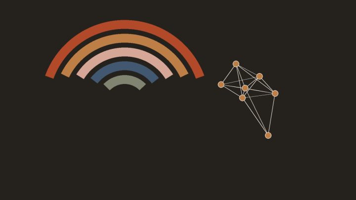 AI infrastructure illustration: concentric colored arcs beside a cluster of connected nodes on a dark background