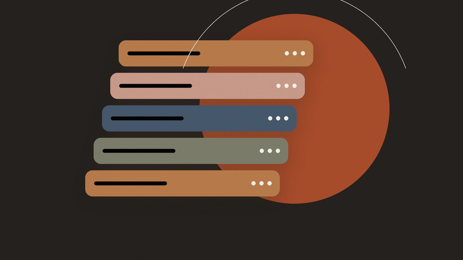 AWS core services illustration: stacked server units in front of a large circle on a dark background