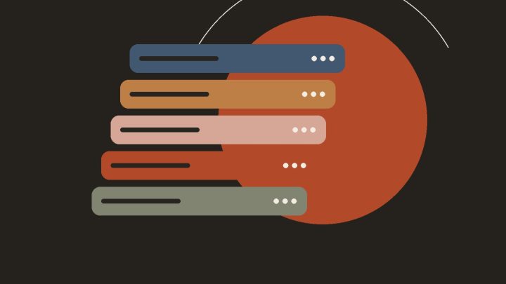 AWS workloads illustration: stacked server units in front of a large circle on a dark background