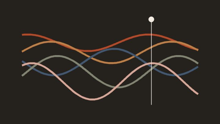 Cloud account management illustration: flowing signal lines crossed by a vertical marker on a dark background