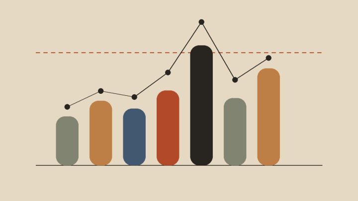 Cloud budgets and billing alerts illustration: a bar chart of spending with a dashed budget line