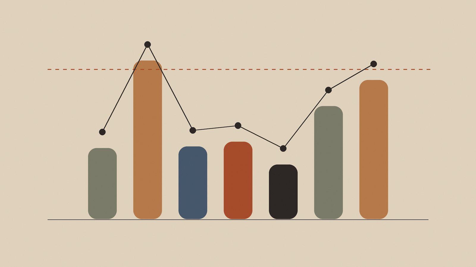 Cloud cost management illustration: a bar chart of spending with a dashed budget line